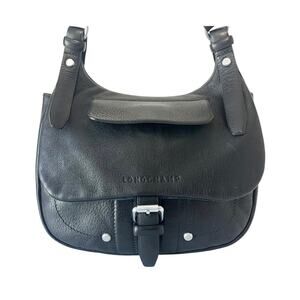 Longchamp Balzane Black Leather Hobo Crossbody Bag Saddle Buckle Messenger